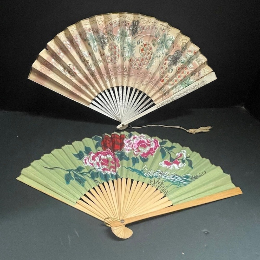 Vintage Japanese Folding Hand Fans Set of 2 Floral Peony Bamboo Paper Japan
